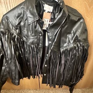 Black Leather Jacket with Fringe / button up